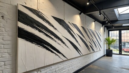 Large abstract black and white painting with bold brushstrokes in a modern art gallery interior