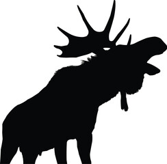 A silhouette vector of a bull moose stands with its head raised skyward, mouth open in a calling position,