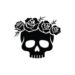 A silhouette vector of Minimalist skull with rose crown silhouette, symbolic life and death concept