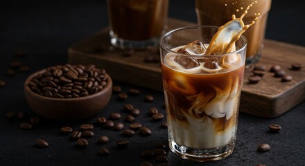 Iced coffee with milk, beans, and straw.