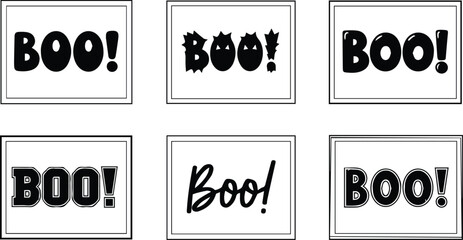  set of boo text graphics for halloween, isolated on white background vector illustration