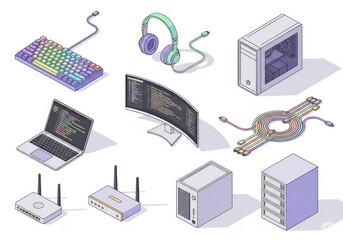 Eight isometric tech items bundle: keyboard, headset, desktop PC, wide monitor, laptop, wires, dual antenna router, server