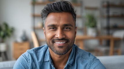 Obraz premium Headshot portrait of attractive confident indian Hispanic man with toothy smile looking at camera at modern living room. Latin businessman posing in casual stylish look at home office., no logos, no 