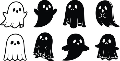  collection of cute and spooky ghost icons in various styles isolated on white background, representing spirits vector illustration