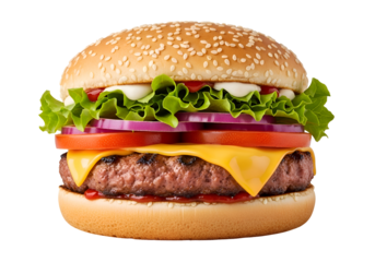 Close-up view of a gourmet cheeseburger.