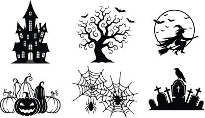  halloween icons and symbols including a haunted house, witch, spooky tree, pumpkins, spider web, and graveyard, isolated on white background vector illustration