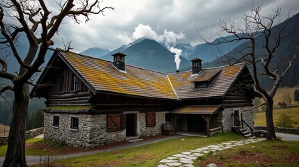 Rustikales Steinhaus mit Holzdach in alpiner Berglandschaft bei bewölktem Himmel fotografiert
