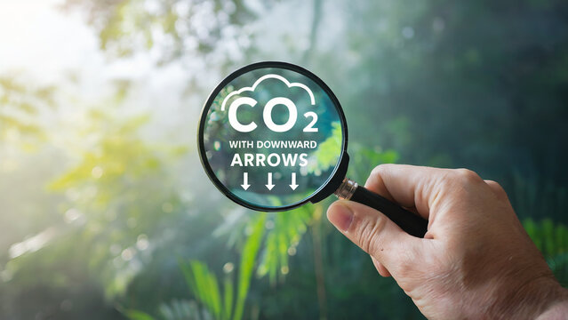 Hand holding magnifying glass over C O2 text with downward arrows