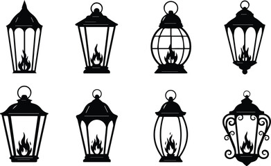  collection of various vintage lantern silhouettes with flame isolated on white background vector illustration