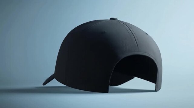 Sleek black baseball cap rotating slowly for a modern sports apparel product video ad