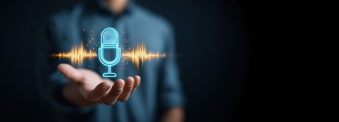 AI Podcasting Concept – Faceless Person Offering Glowing Microphone Icon with Waveform and Sparkles, Representing Voiceover, Artificial Intelligence Audio Tools, and Content Creation