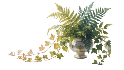 Elegant urn filled with lush green ferns and cascading ivy against a dark background