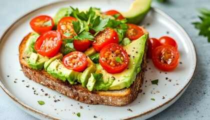 Fresh and Creamy Avocado Toast with Cherry Tomatoes and Herbs on White Plate