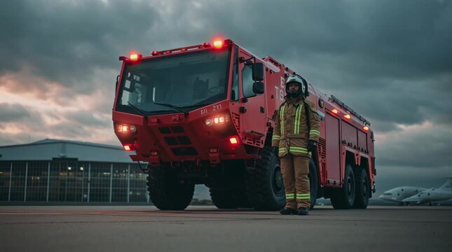 Airport firefighter in full gear standing next to emergency rescue truck at dawn before duty