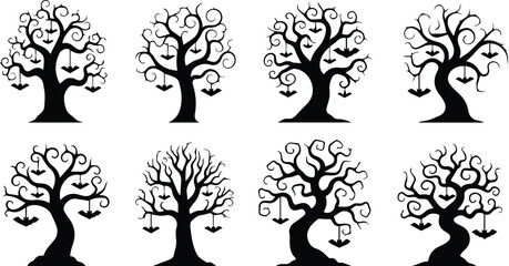  set of spooky bare trees with hanging elements in silhouette isolated on white background vector illustration