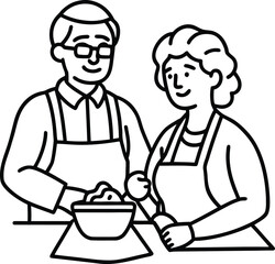 Elderly couple in aprons preparing dessert isolated on white background