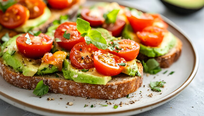 Fresh and Creamy Avocado Toast with Cherry Tomatoes and Herbs on White Plate