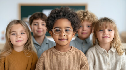 Kids group smiling together in classroom portrait bright setting
