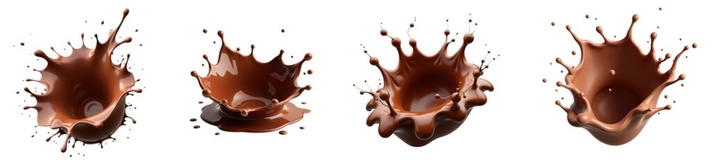 Four chocolate splashes isolated on white offer a tempting visual of sweet indulgence and rich flavor for dessert or beverage concepts isolated on transparent background