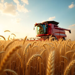Fototapeta premium Combine Harvester in a Field: Wheat Harvest at Sunset