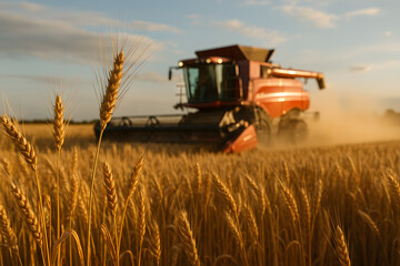 Fototapeta premium Combine Harvester in a Field: Wheat Harvest at Sunset