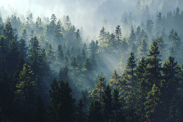 Realistic view of a pine forest wrapped in gentle morning fog and peaceful mountain silence