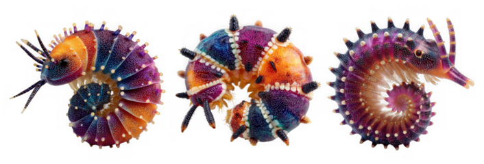 Three colorful pill millipedes with segmented bodies and spiky shells on a transparent background