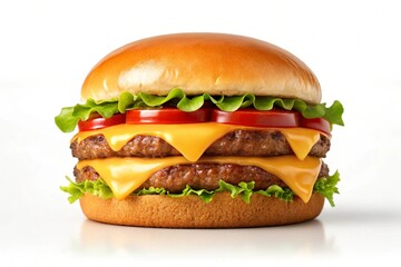 Delicious double cheeseburger isolated, with fresh ingredients on a plain white background, food photography
