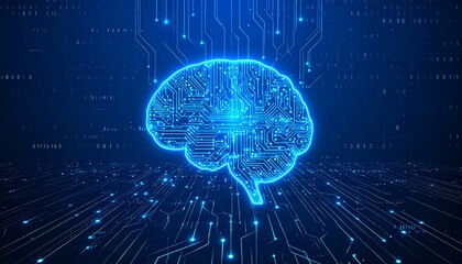 Digital brain concept with glowing circuit board. Artificial intelligence and futuristic technology innovation background.