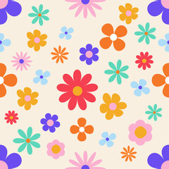 Seamless Retro Floral Pattern with Colorful Flowers on Cream Background