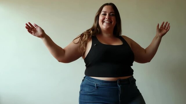 Authentic Plus Size model is dancing. Natural in her movements in this activity, enjoying the process. Body positive king size woman.