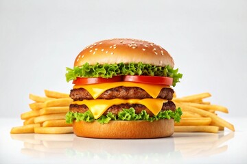 Delicious double cheeseburger with french fries on a clean white background studio setting.