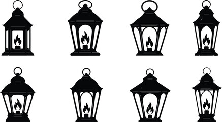  collection of vintage lantern silhouettes with glowing flames, isolated on white background vector illustration