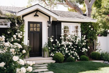 Fototapeta premium Charming black cottage with white rose bushes and neatly trimmed hedges in a sunny garden setting during a warm afternoon