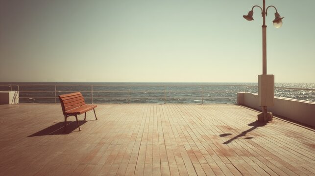 Empty wooden bench on a seaside pier. Tranquil, sunny view - Powered by Adobe