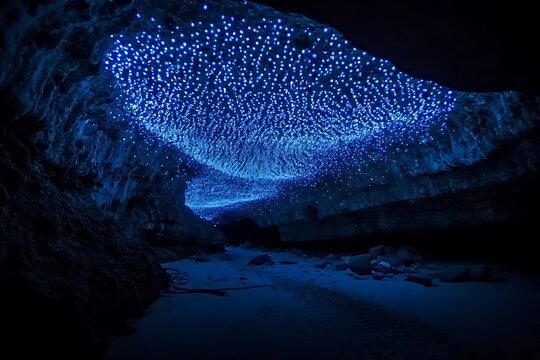 Glowworms illuminate a cave ceiling at night
