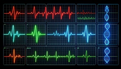 Futuristic medical interface displaying vital signs, EKG heartbeat, and glowing DNA helix concept