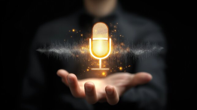 Faceless AI Presenter Holding Glowing Microphone Icon with Soundwave &ndash; Symbolizing Artificial Intelligence in Podcasting, Voice Tech, and Digital Learning Content Production

