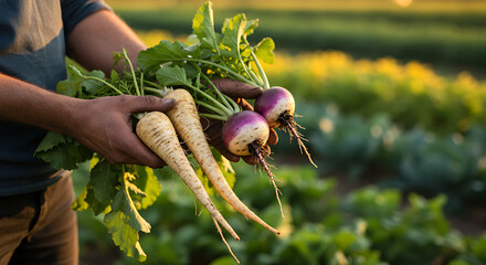 Freshly harvested turnips and parsnips held by a farmer, a bountiful harvest from the garden