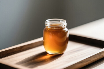 Honey in Glass Jar on Wooden Tray: Natural Sweetener