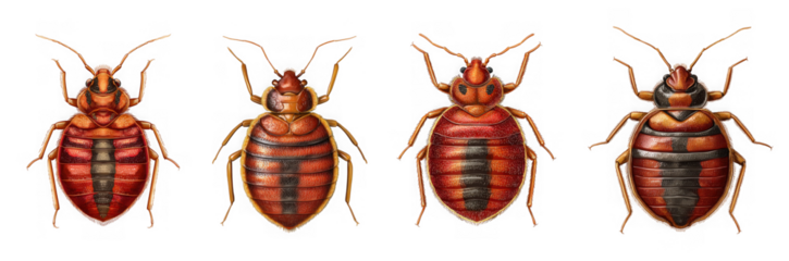 Four bed bugs shown in a row to illustrate different stages of development and levels of blood engorgement isolated on transparent background