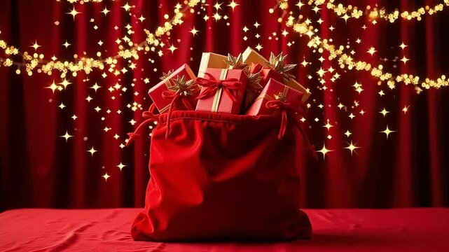 A red bag filled with christmas presents against a red curtain with string lights above it