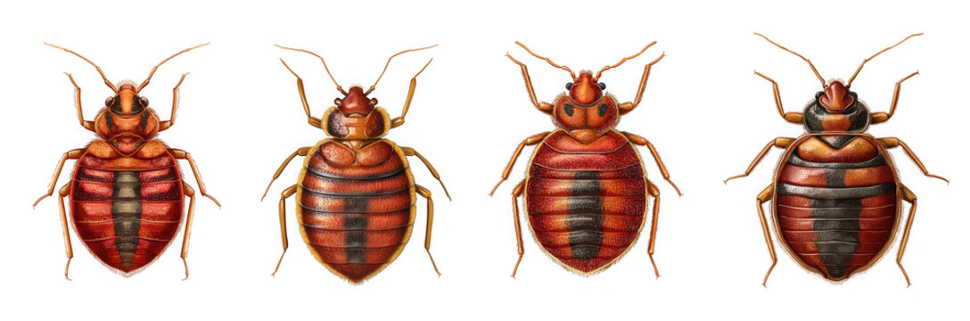 Four bed bugs shown in a row to illustrate different stages of development and levels of blood engorgement isolated on transparent background