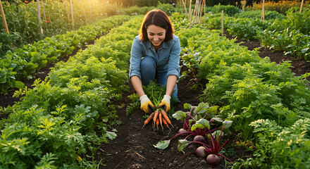 Happy woman harvesting fresh carrots and beets in her organic vegetable garden at sunset