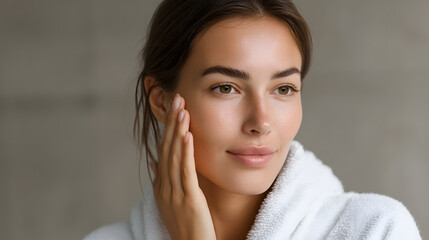 Glowing Radiance: A portrait captures a woman's fresh, dewy skin in a moment of tender self-care. The woman's healthy glow radiates confidence and the simple elegance of wellness.