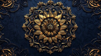 Intricate golden mandala design art with detailed leaves and dark blue textured background photo