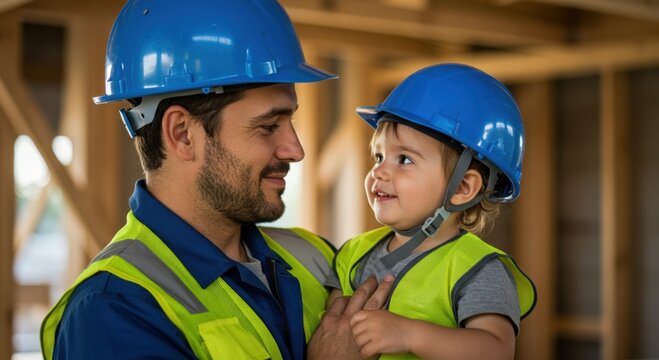 Father and young child wearing hard hats and safety vests enjoying a moment together at a construction site