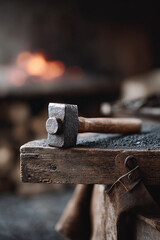 Rustic hammer rests on aged workbench, forge glowing softly. Represents craftsmanship, heritage, resilience. Ideal for history, industry, or DIY projects.