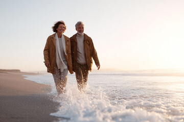 Happy senior couple walking on a beach at sunset, enjoying retirement. Inspiring, optimistic image for travel, health, or lifestyle campaigns.