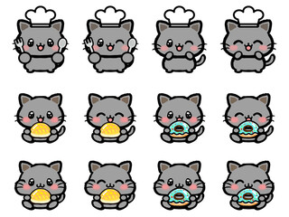 食事中の可愛い黒猫の落書き風イラスト素材セット